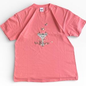 Vintage Anvil Coral Pink Cotton Embroidered Birds & Birdbath Tee T-Shirt XL